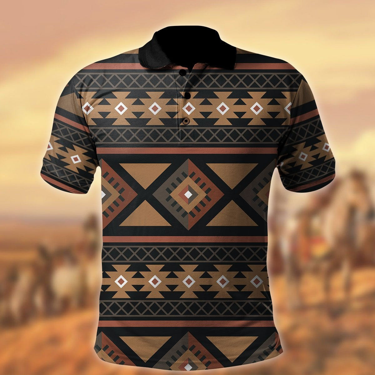 Brown all-over Navajo-style geometric polo shirt with short sleeves and button placket