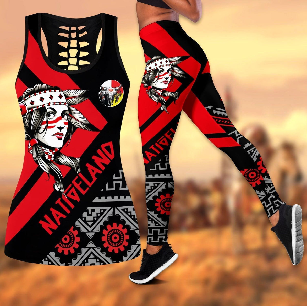 All-over printed racerback tank and leggings set, black red white Native-style graphics
