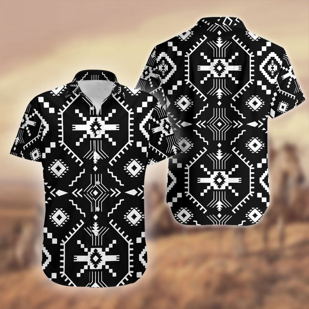 Black & white Navajo-style geometric print short-sleeve button-up shirt.