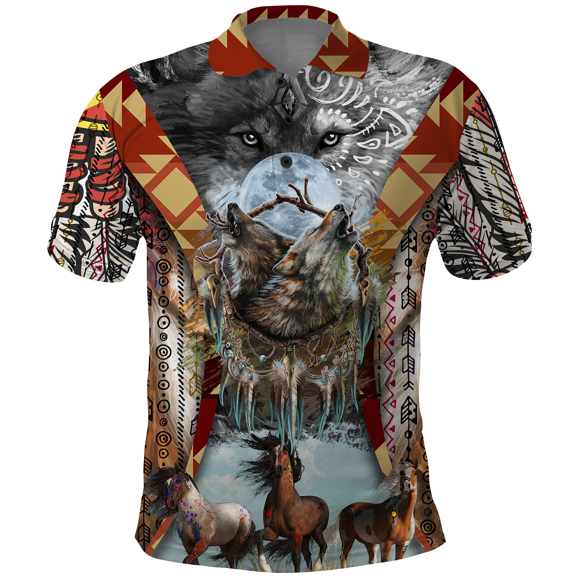 native-american-feather-headdress-with-native-horses-and-three-wolves-in-moonlight-african-pattern-polo-shirt