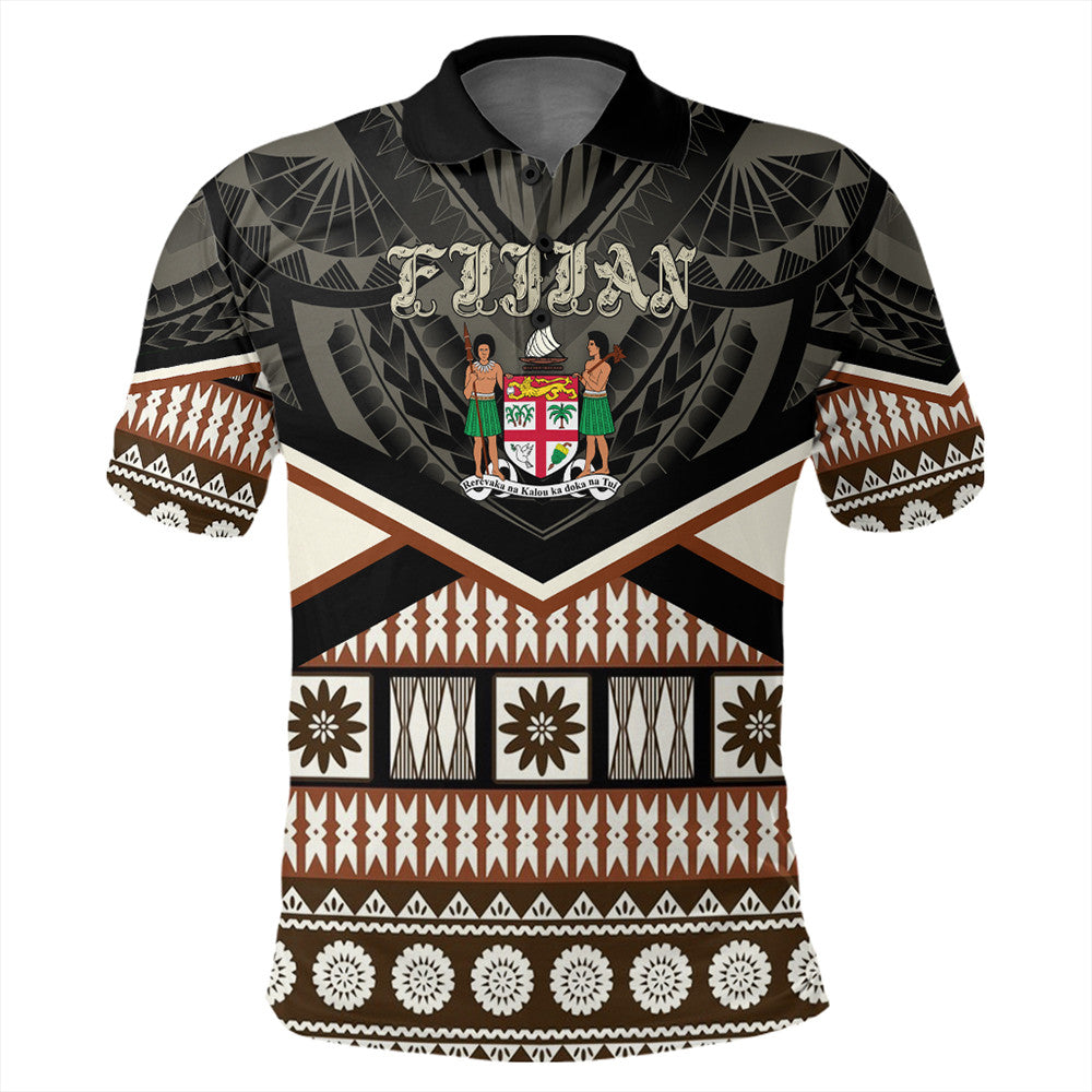 Black Fiji-themed polo shirt with emblem and patterned sleeves, short-sleeve button collar