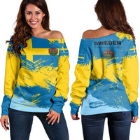 Women off-shoulder sweater with Sweden flag brush print, long sleeves, colorful