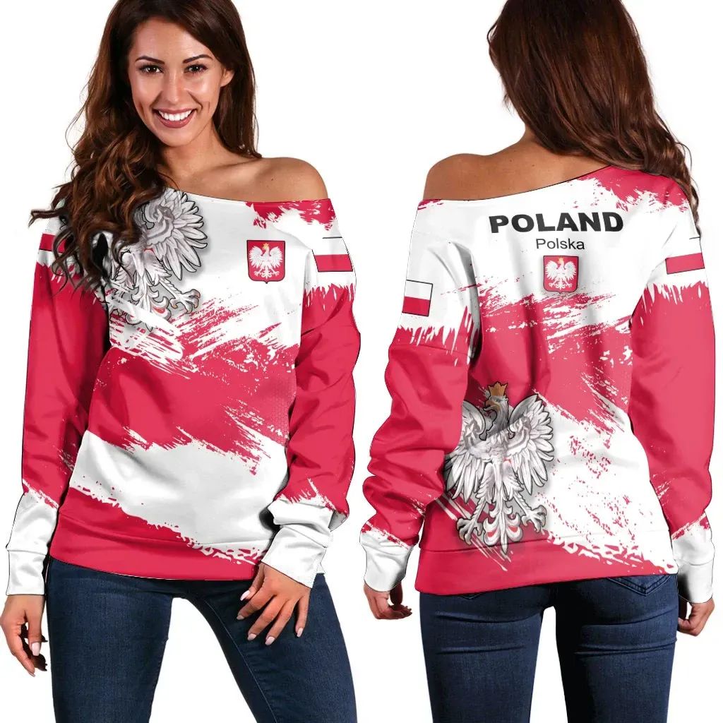 Poland Off Shoulder Sweater Poland Flag Brush RLT7 - Wonder Print Shop