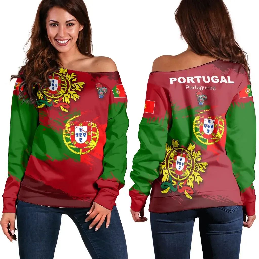 Portugal Off Shoulder Sweater Portugal Flag Brush RLT7 - Wonder Print Shop