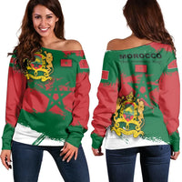 Women off-shoulder sweater, Morocco flag print, green/red, long sleeves, crown lions