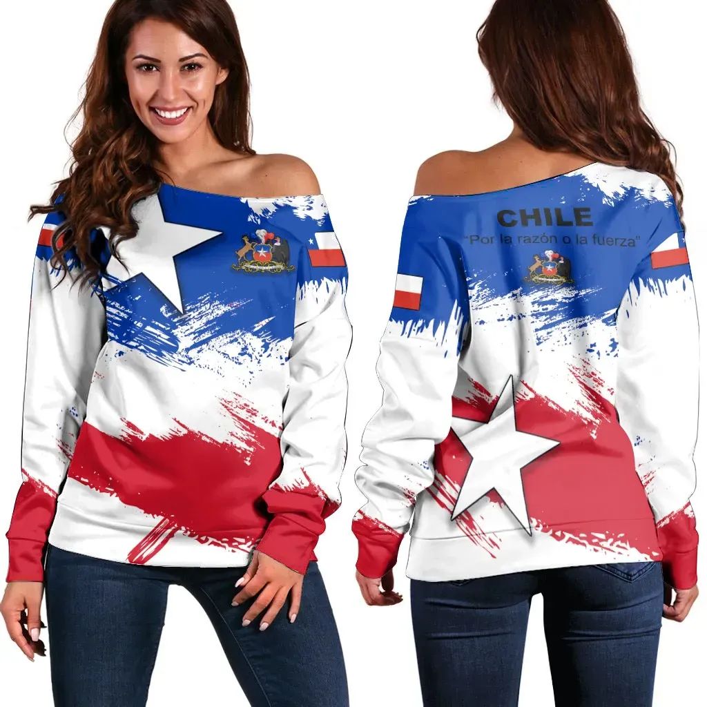 Chile Off Shoulder Sweater - Chile Flag Brush RLT7 - Wonder Print Shop