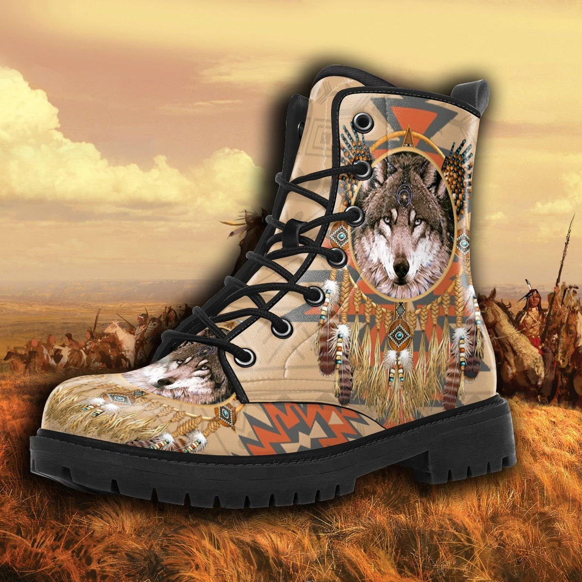 Multicolor wolf spirit leather boots with black laces and tribal graphic on side