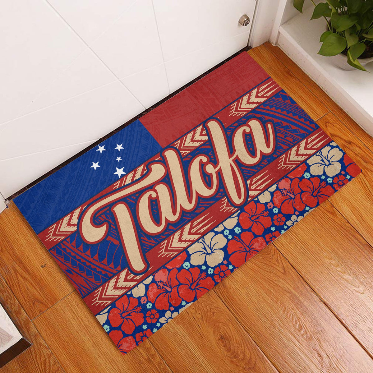 Red and blue Samoa door mat with 'Talofa' script and hibiscus floral pattern