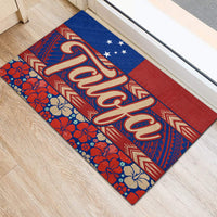 Blue and red 'Talofa' door mat with large script and patterned border