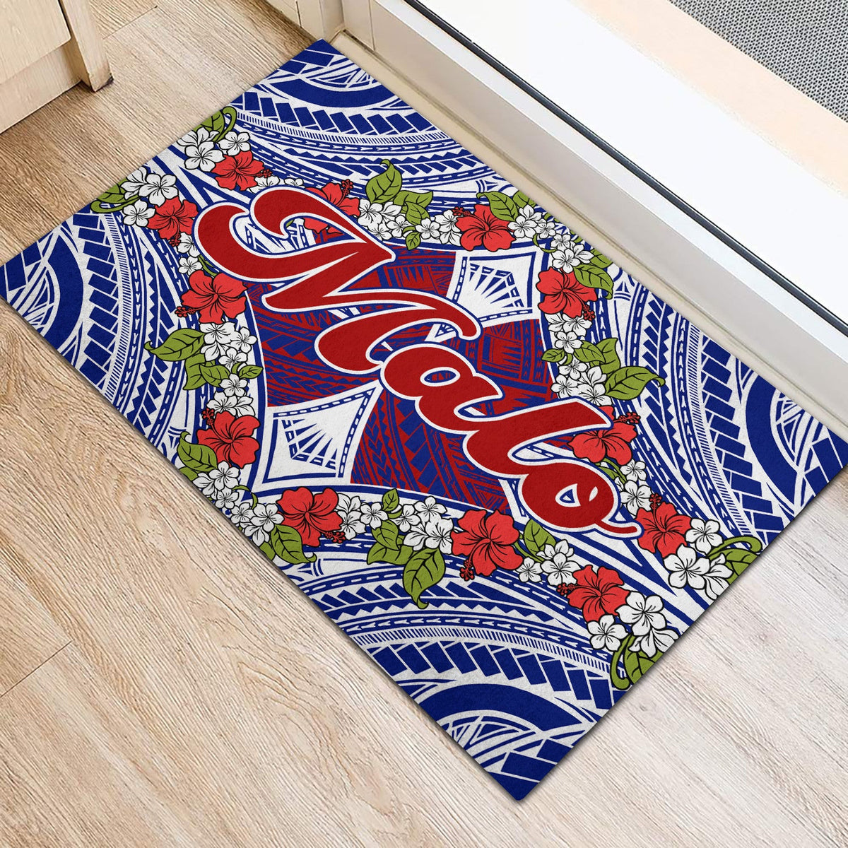 Blue 'Talofa' door mat with red script, white flowers, and green leaves