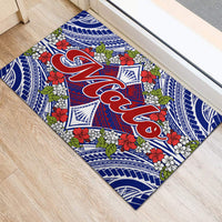 Blue 'Talofa' door mat with red script, white flowers, and green leaves