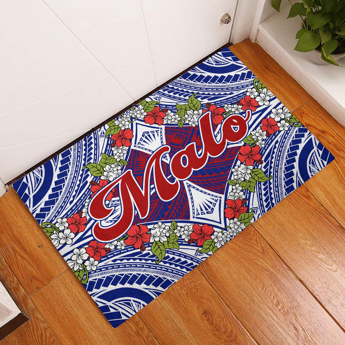 Blue Samoa door mat with red “Malo” script and hibiscus-style flowers