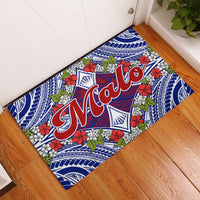 Blue Samoa door mat with red “Malo” script and hibiscus-style flowers
