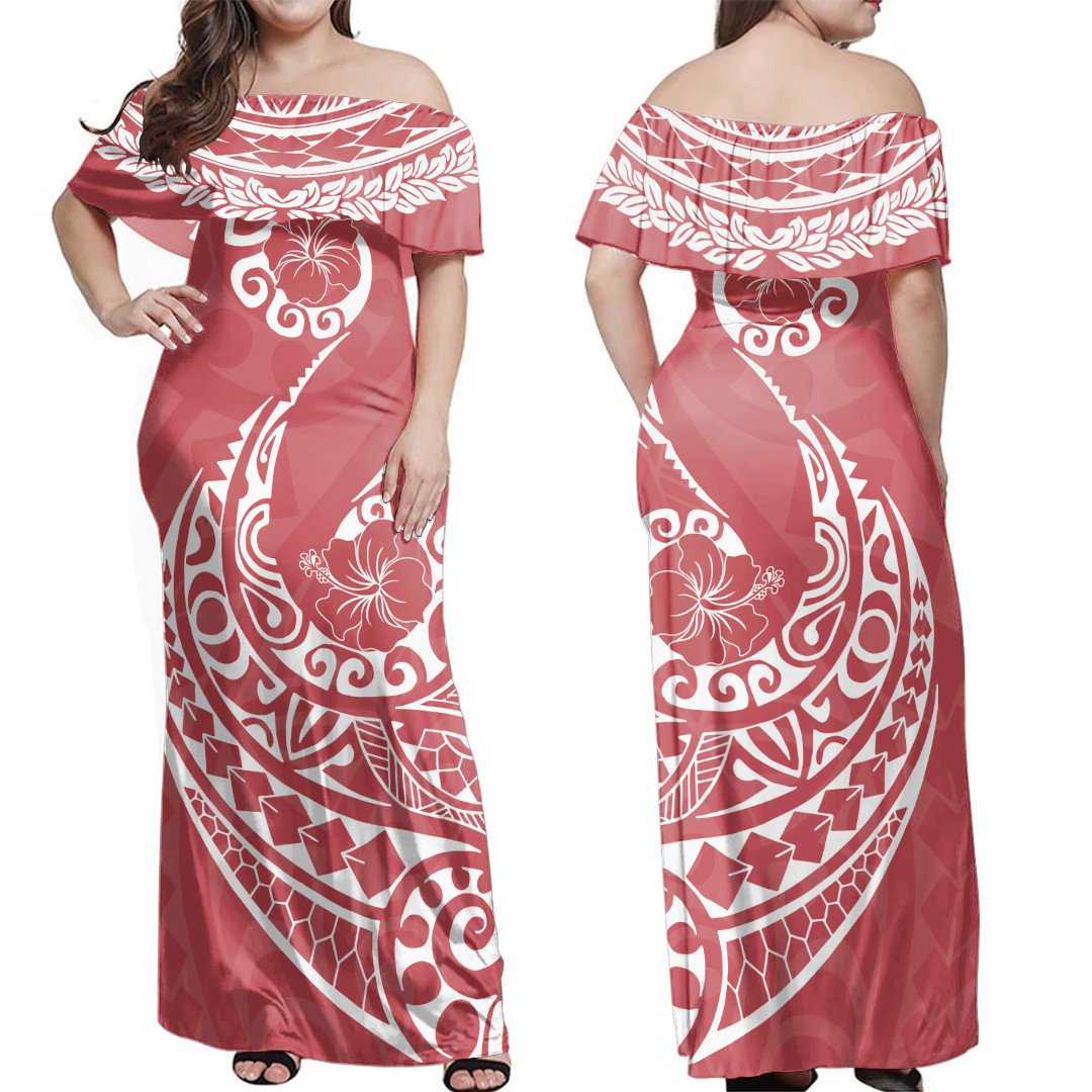 Pink off-shoulder long dress with red hibiscus and tribal white print, ruffled sleeves