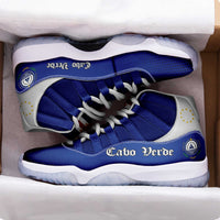 Cabo Verde high-top sneakers with white laces, blue upper, white midsoles.