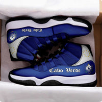 Cabo Verde high-top sneakers on box, blue uppers, white soles, black outsoles.