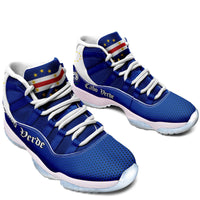 Cabo Verde high-top sneakers pair, blue knit with red/blue flag on tongue, white soles.