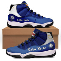 Cabo Verde high-top sneakers, blue upper, white sole, black heel tab.