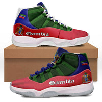 Gambia high-top sneakers side view, red midsole, green knit, blue heel patch, white outsole