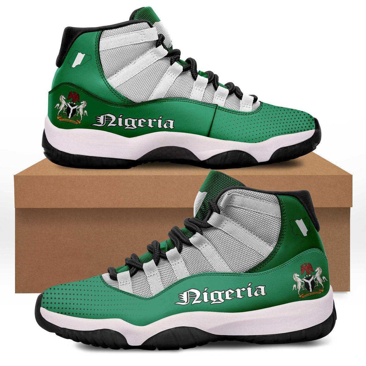 Green Nigeria high-top sneakers with white mesh panels, black laces, black rubber sole