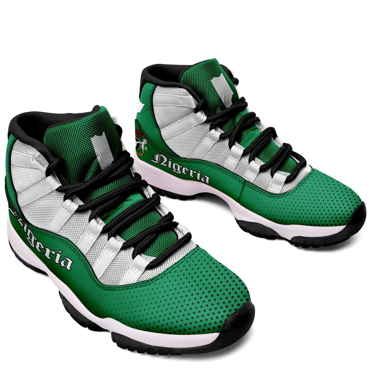 Pair of green Nigeria high-top sneakers with white mesh, black laces, black rubber sole
