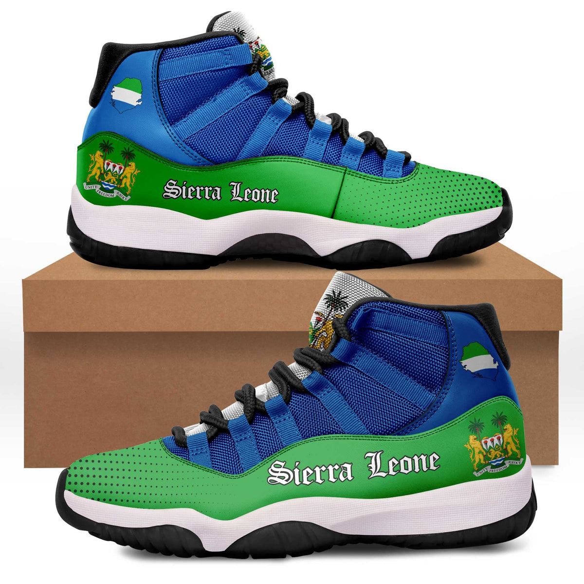 Sierra Leone high-top sneakers, blue upper with green panel and black laces