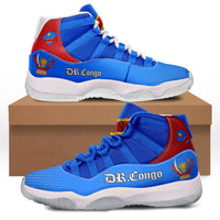 Blue high-top sneakers with red side panels, white laces, white midsole and DR Congo logo
