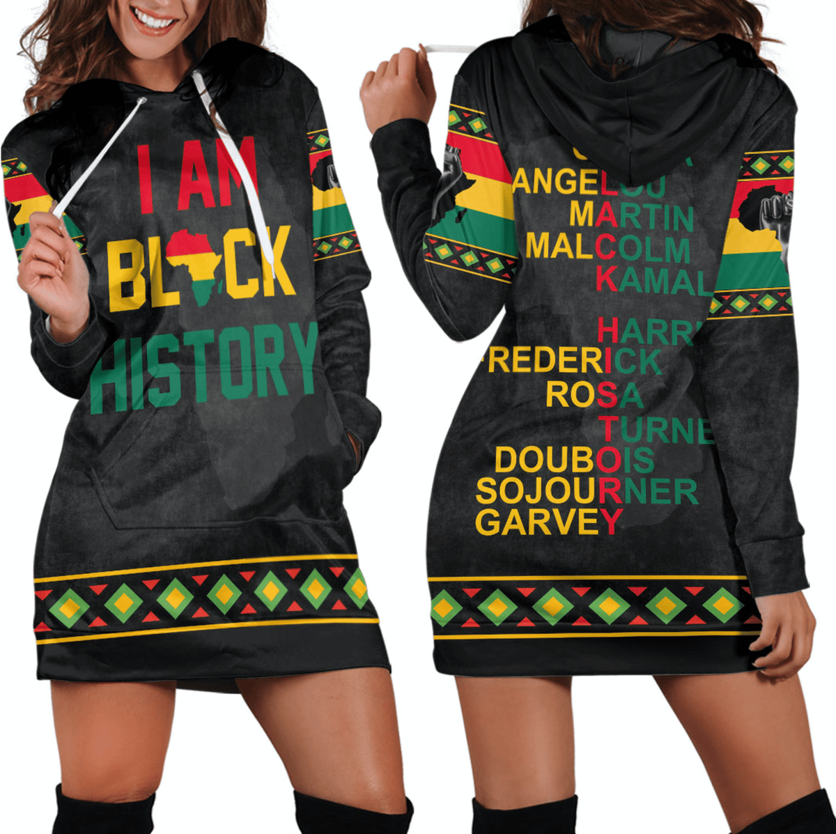 Black hoodie dress with 'I AM BLACK HISTORY' graphic and multicolor text list