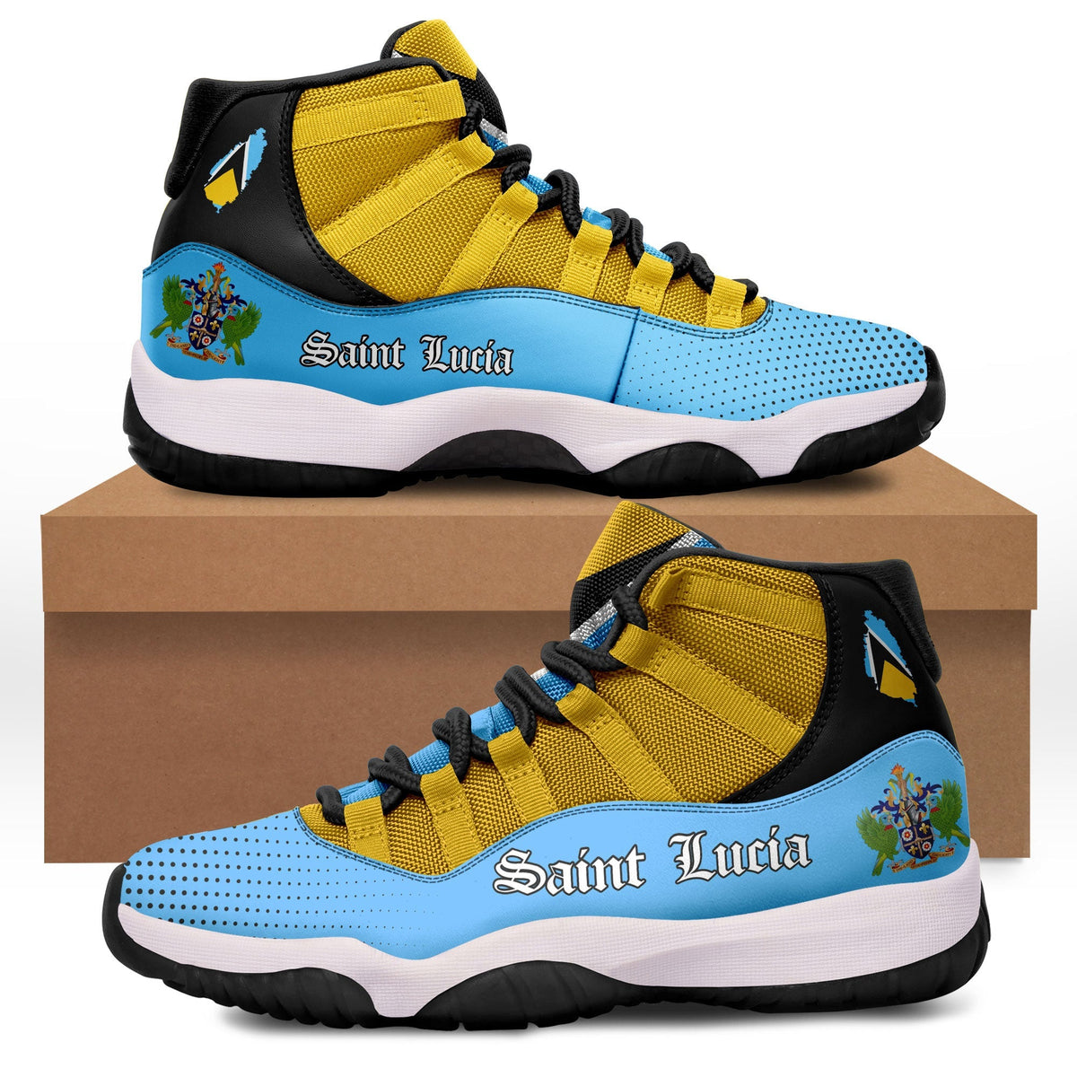 High-top Saint Lucia sneakers with yellow canvas, blue side panels, black accents