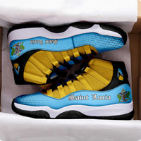 Saint Lucia sneakers in box: yellow uppers, blue tongue, black laces, white sole