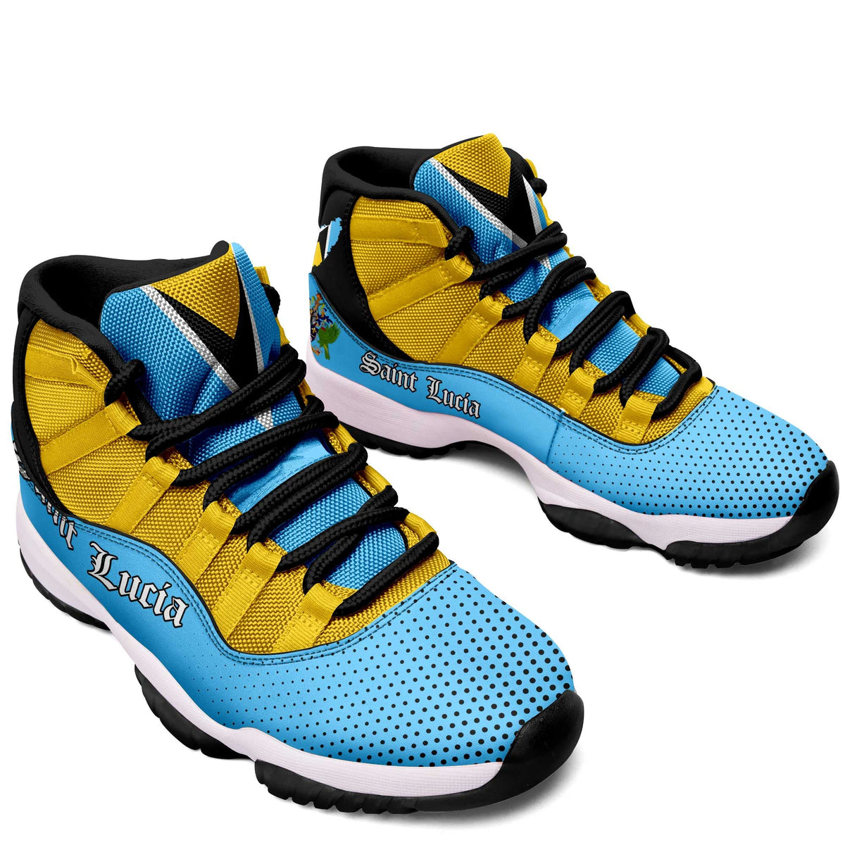 Pair of Saint Lucia high-top sneakers: blue perforated toe, yellow straps, black soles