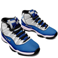 Pair of Greece high-top sneakers, blue perforated toe and white mesh uppers