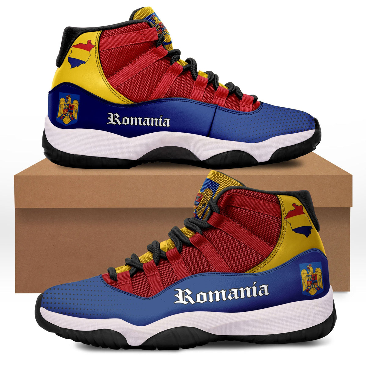Romania mid-top sneakers with red mesh, blue side panels, yellow accents, black sole.