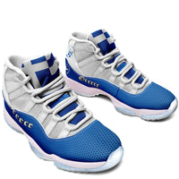 Greece high-top sneakers, white uppers with blue trim and checkered ankle detail