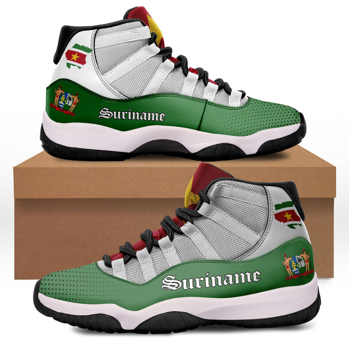 White and green high-top sneakers with Suriname logo, flag patches, black outsole