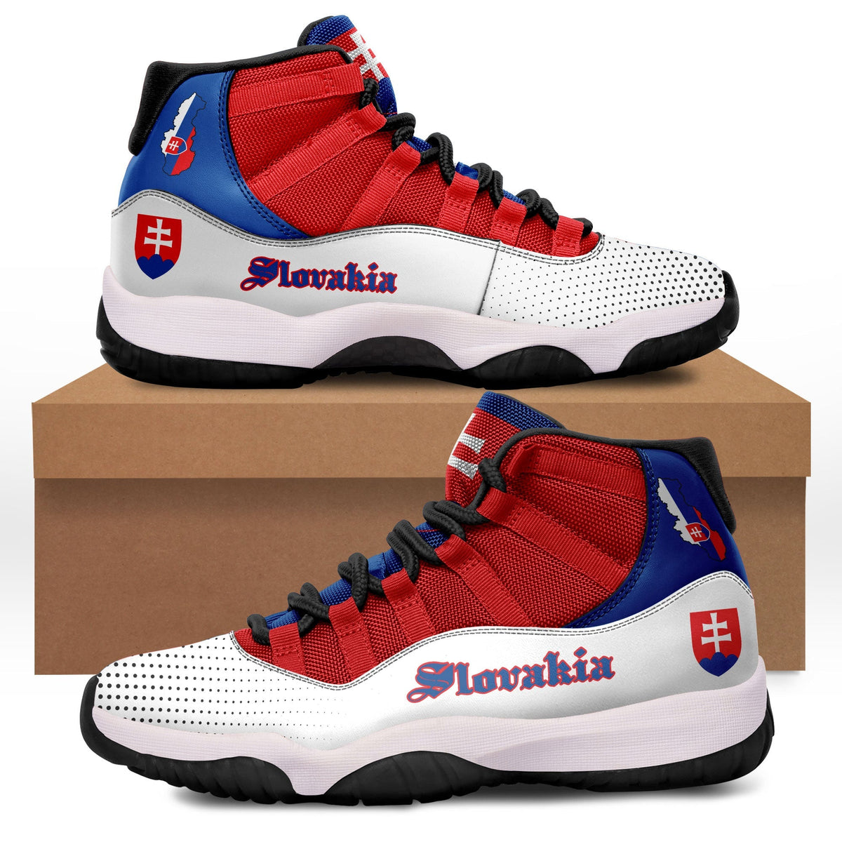 Mid-top sneakers with red knit panels, blue heel, white perforated toe, black sole
