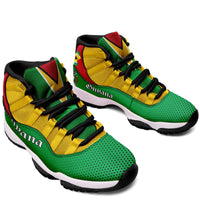 Guyana high-top sneaker pair, green perforated toe with yellow laces and red heel