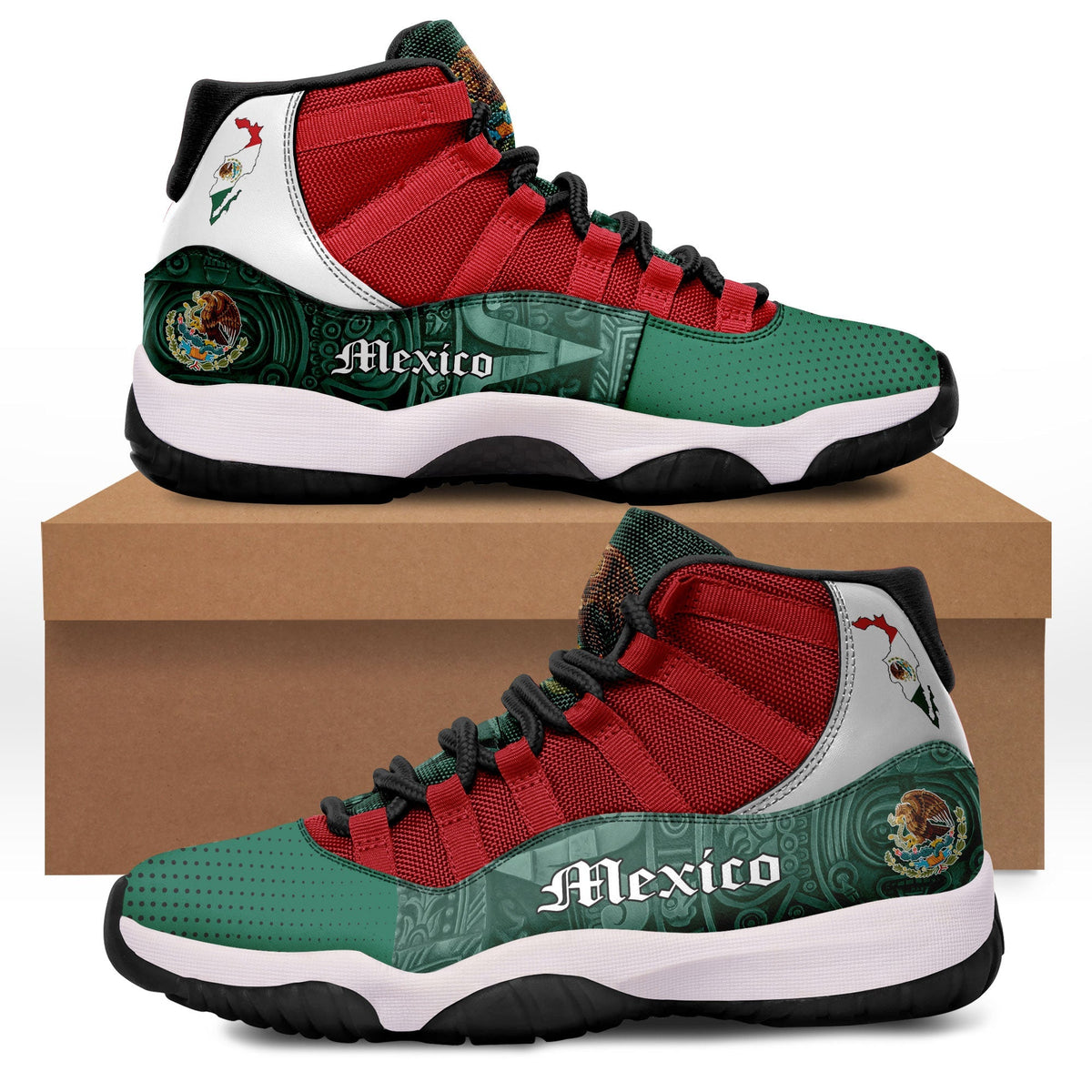 Mexico-themed high-top sneakers with red mesh, green patterned panels, white trim