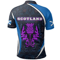 Back view: dark polo shirt with 'SCOTLAND' text, purple thistle crest, blue sleeves