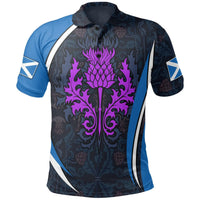Blue and dark polo shirt with purple thistle crest graphic and white side stripes