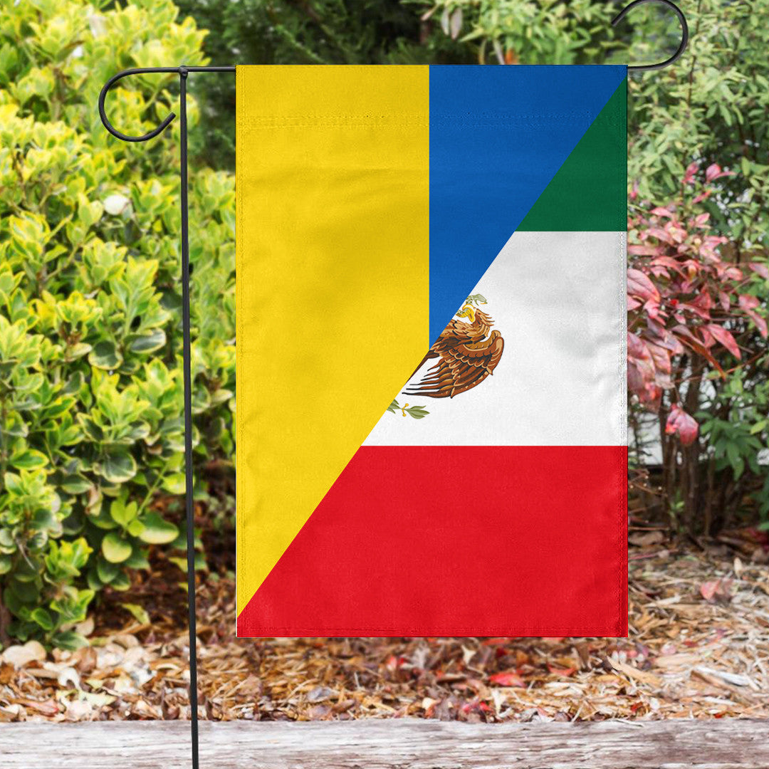 Garden flag on metal stake featuring Ukraine and Mexico diagonally split flag design