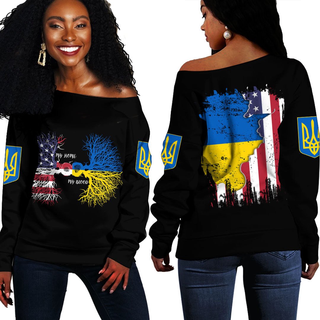 Ukraine With United States DNA Off Shoulder Sweater RLT7 - Wonder Print Shop