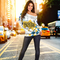 White off-shoulder sweatshirt with Ukraine map and geometric print, long sleeves