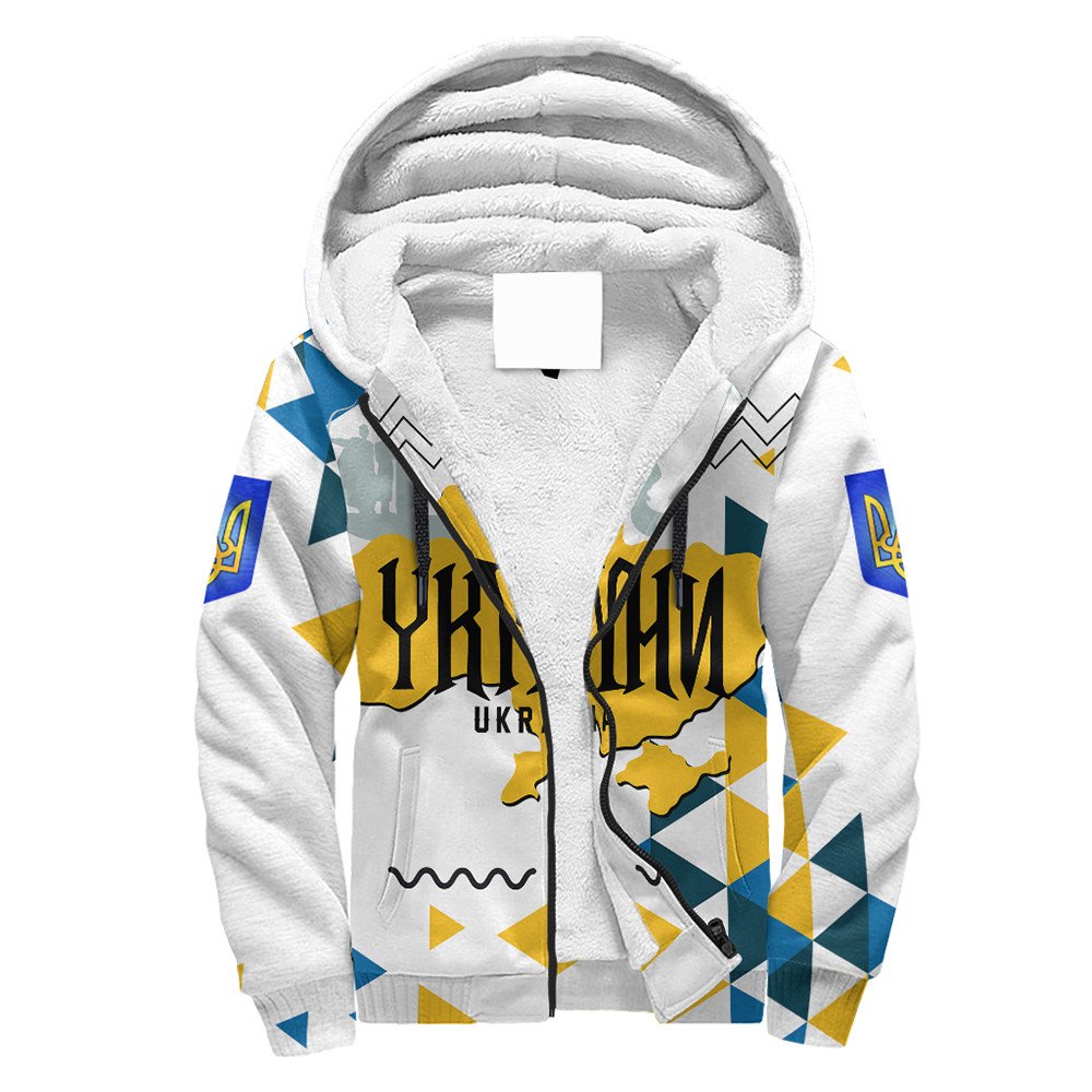 White sherpa-lined zip hoodie with Ukraine geo print and yellow/blue crest graphic