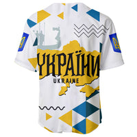 Back of white baseball jersey with blue-and-yellow Ukraine logo, map graphic, zigzag