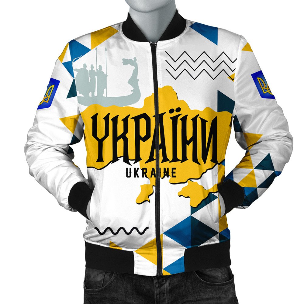 White bomber jacket with Ukraine graphic front zip and blue-yellow geometric panels