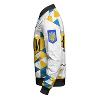 White unisex zip bomber jacket sleeve with blue-yellow crest and geometric blocks