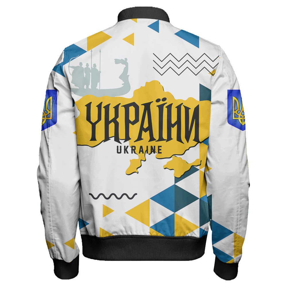 White unisex zip bomber jacket, back view with large Ukraine map logo print
