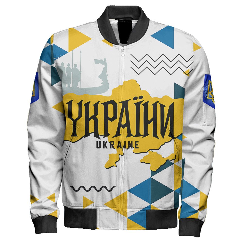 White unisex zip bomber jacket with Ukraine geo print and ribbed cuffs