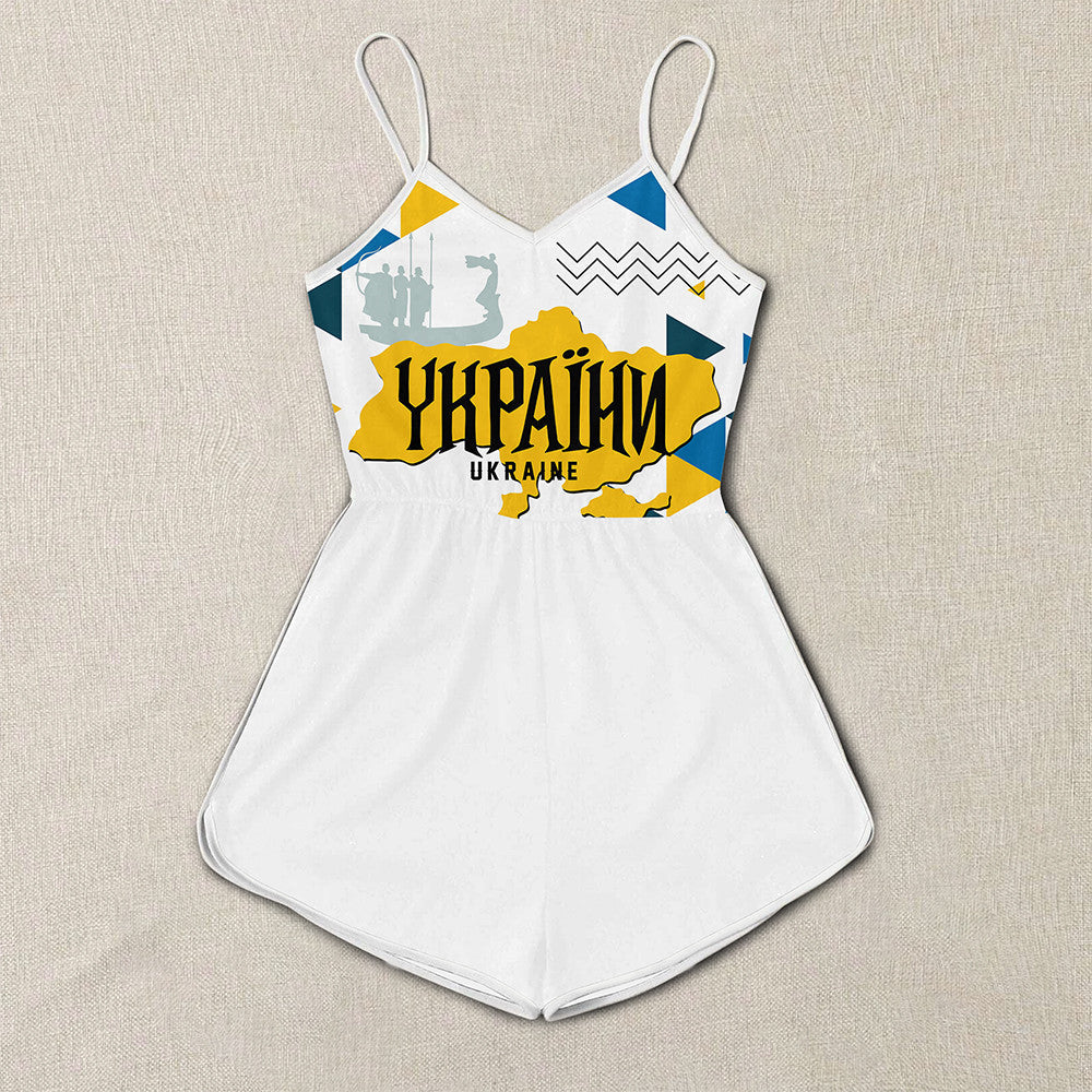 White womens romper with spaghetti straps, V-neck, Ukraine map graphic print, shorts
